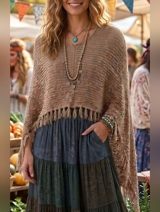 Tops - Boho Fringe High Low Knit Poncho